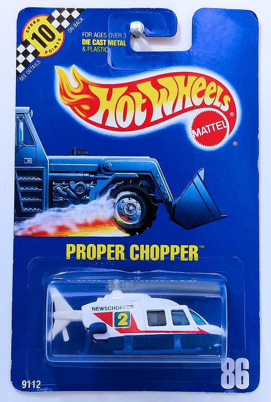 Hot Wheels 1990 - Collector # 086 - New Model - Propper Chopper (Helicopter) - White - USA Blue Car Card with Speed Points