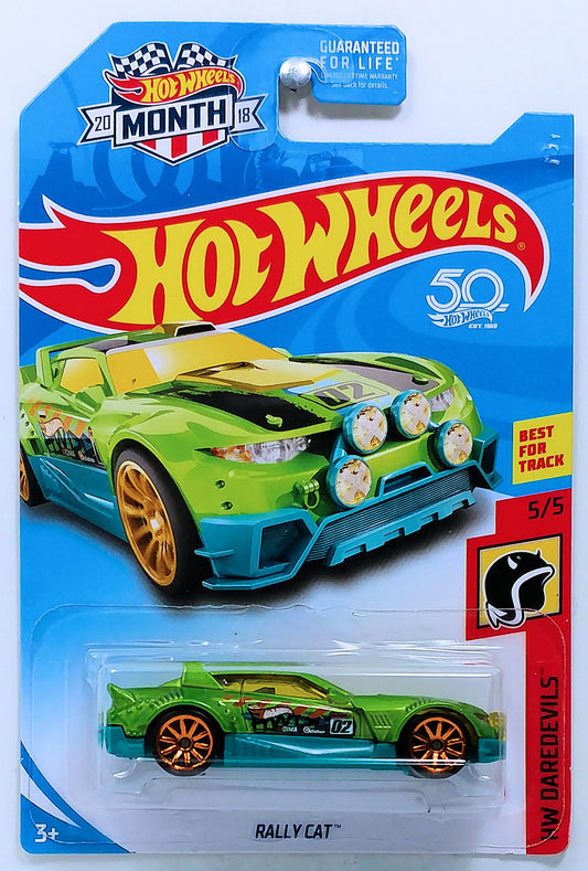 Hot Wheels 2018 - Collector # NONE - HW Daredevils 5/5 - Rally Cat - Green - USA 50th Card with Month Promo
