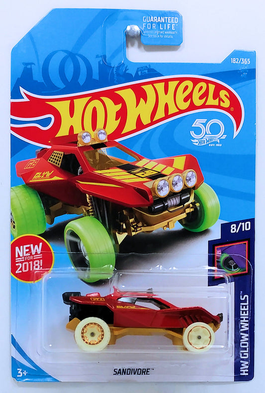 Hot Wheels 2018 - Collector # 182/365 - HW Glow Wheels 8/10 - New Models - Sandivore - Metalflake Red - USA 50th Card