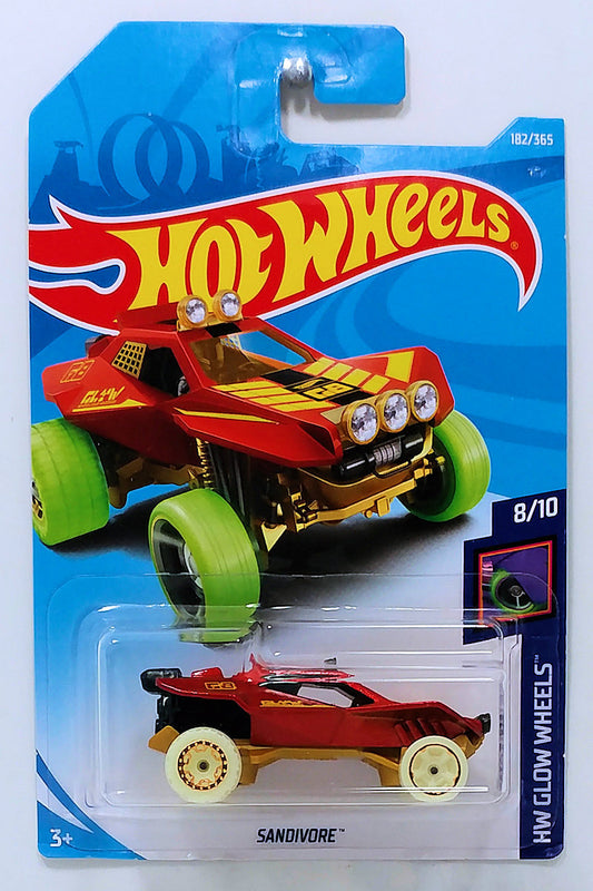 Hot Wheels 2018 - Collector # 182/365 - HW Glow Wheels 8/10 - New Models - Sandivore - Metalflake Red - International Card
