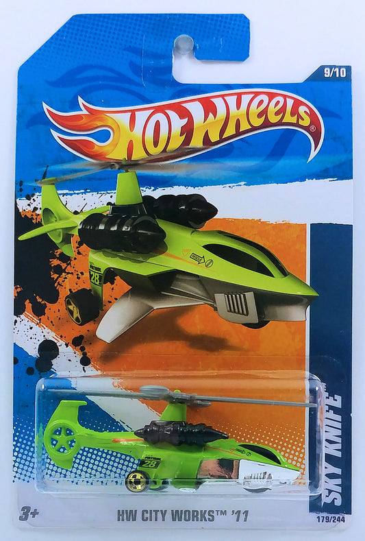 Hot Wheels 2011 - Collector # 179/244 - HW City Works 9/10 - Sky Knife (Helicopter) - Bright Green - USA Card
