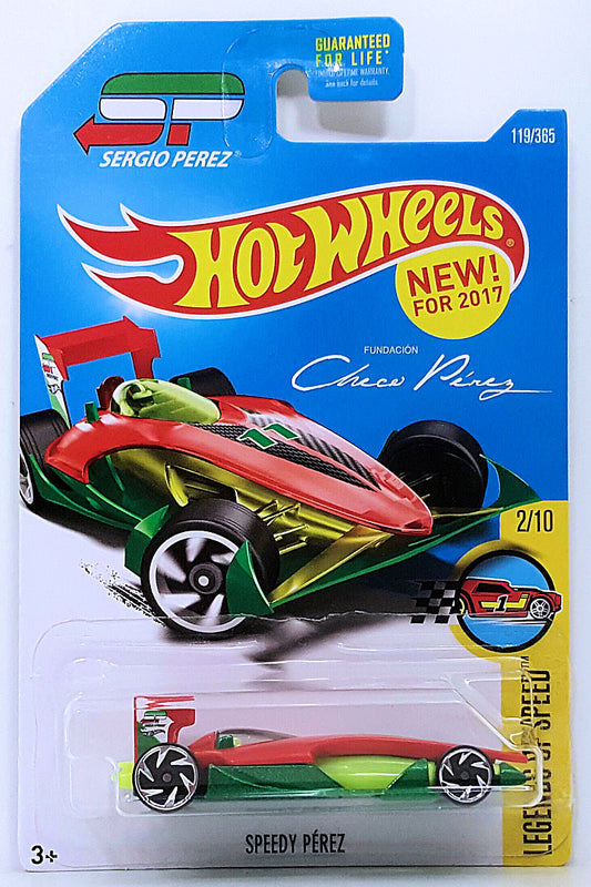 Hot Wheels 2017 - Collector # 119/365 - Legends of Speed 02/10 - New Models - Speedy Pérez - Red Body / Green Metalflake Base / #11 - USA 'Sergio Perez' Card