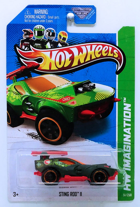 Hot Wheels 2013 - Collector # 051/250 - HW Imagination / HW Street Pest / Treasure Hunts - Sting Rod - Matte Olive Drab / Circle Flame Logo above Rear Wheel - USA Card