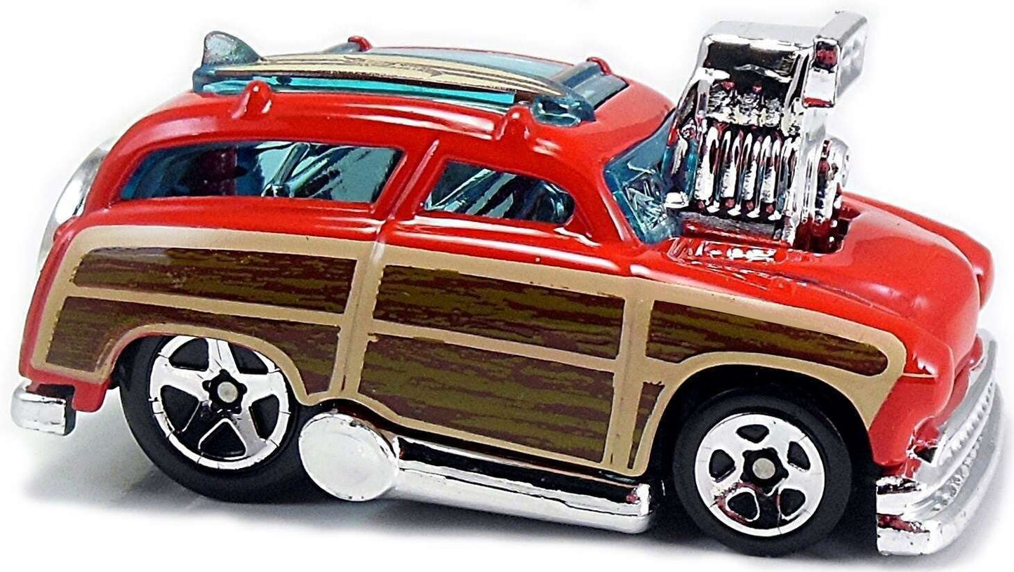 Hot Wheels 2017 - Collector # 198/365 - Tooned 2/10 - New Models - Surf 'N Turf (Woodie) - Red / Surf Board on Roof - USA Card