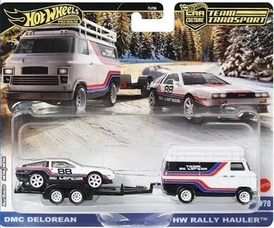 Hot Wheels 2025 - Premium / Car Culture / Team Transport # 78 - DMC Delorean & HW Rally Hauler - White / Red, Blue & Black Stripe / #88 - Metal/Metal & Real Riders - Large Blister Card