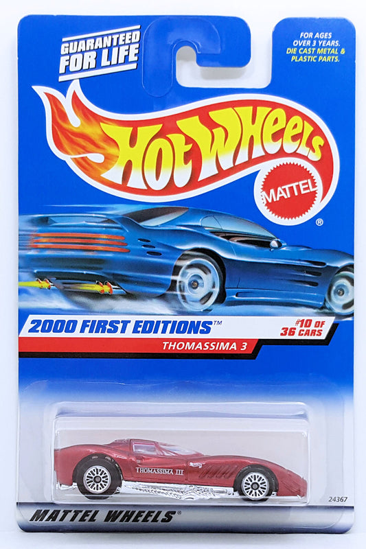 Hot Wheels 2000 - Collector # 070/250 - First Editions 10/36 - Thomassima 3 - Metallic Red with Side Tampos - LW Wheels - USA 'Square' Card