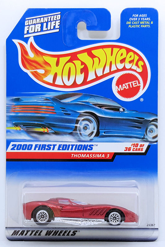 Hot Wheels 2000 - Collector # 070/250 - First Editions 10/36 - Thomassima 3 - Metallic Red with Rear Tampos - LW Wheels - USA 'Angled' Card