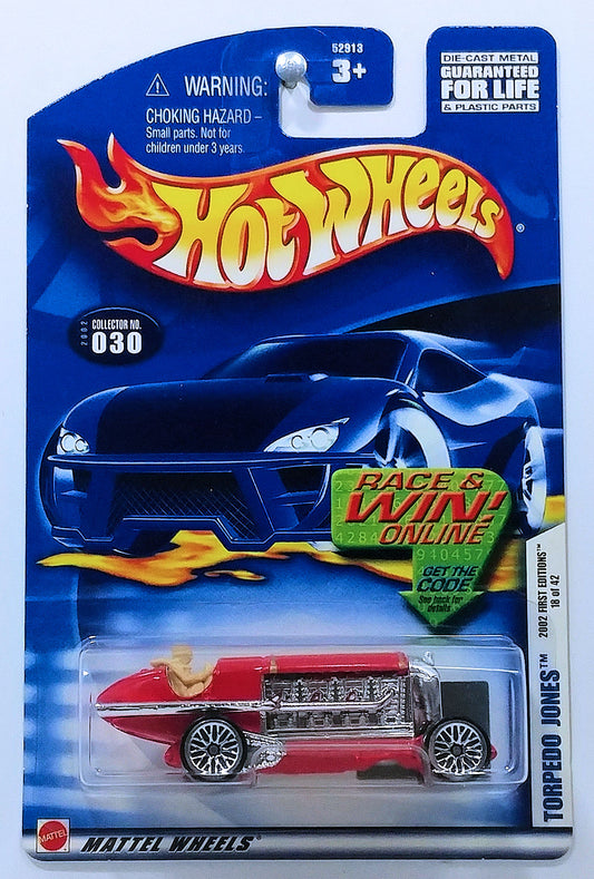 Hot Wheels 2002 - Collector # 030/240 - First Editions 18/42 - Torpedo Jones - Red - USA 'Race & Win' Card