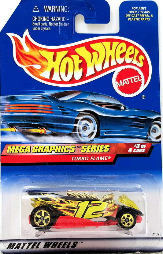 Hot Wheels 1999 - Collector # 975 - Mega Graphics Series 3/4 - Turbo Flame - Black / Flames / #12 - Red Base - Gold 5 Spokes - USA Card