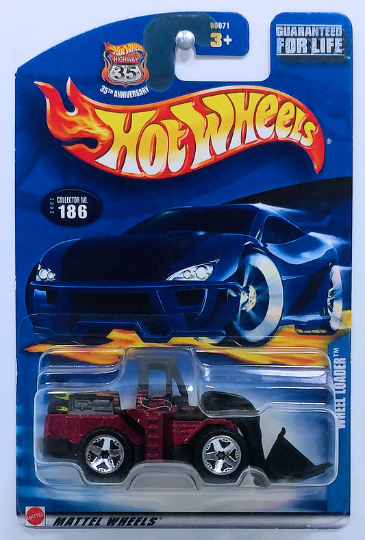 Hot Wheels 2002 - Collector # 186/240 - Wheel Loader - Metallic Dark Red - USA '35th Anniversary' Card - ERROR: Backward Bucket (Teeth Up & Fence Down)
