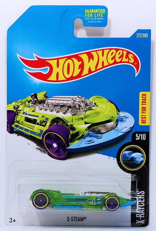 Hot Wheels 2017 - Collector # 272/365 - X-Raycers 5/10 - X-Steam - Transparent Green Body / Unpainted Metal Base - USA Card