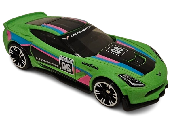Hot Wheels 2024 - Mix 2 / Neon Speeders 7/8 - Corvette C7 Z06 - Matte Neon Green / #06 / Black, Blue & Pink Stripes - White NS6 Wheels - Walmart Exclusive