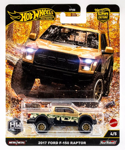 Hot Wheels 2025 - Premium / Car Culture / HW Off Road 4/5 - 2017 Ford F-150 Raptor - Metalflake Flax Gold - Metal/Metal & Real Riders