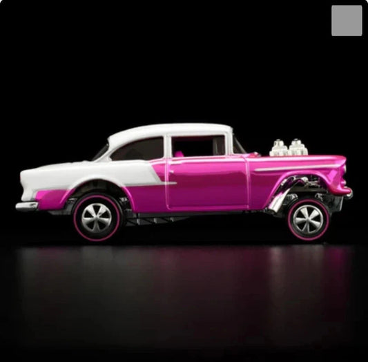 Hot Wheels 2025 - RLC Exclusive ’- 55 Chevy Bel Air Gasser - Spectraflame Pink - Neo Classic Red Line Wheels - Metal/Metal - Kar Keeper