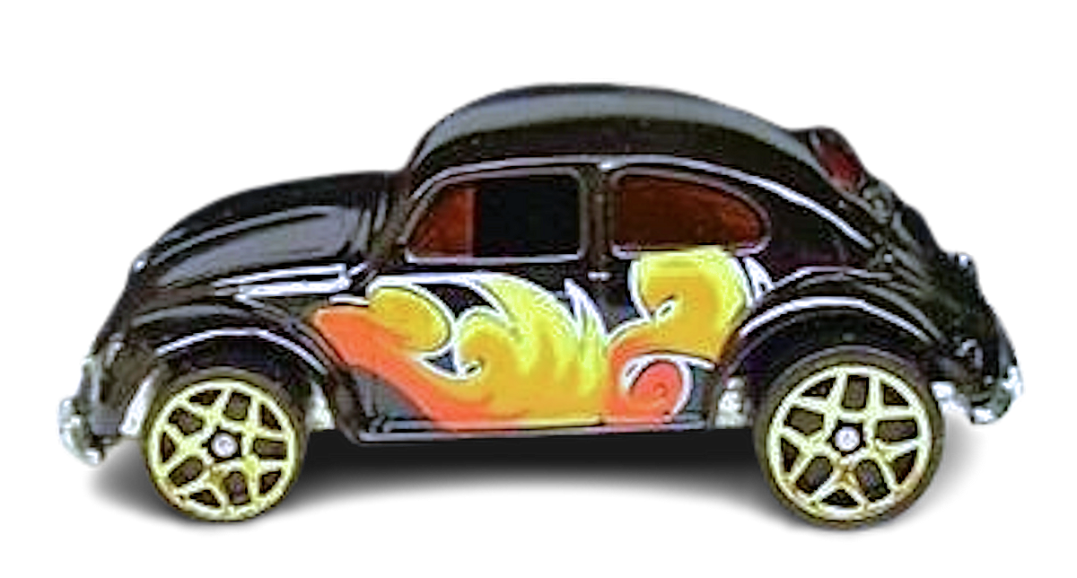 Hot Wheels 2006 - Collector # 197/223 - VW Bug - Black / Orange Red & Yellow Graphics - Gold Y5 Wheels - USA '07 Instant Win Card