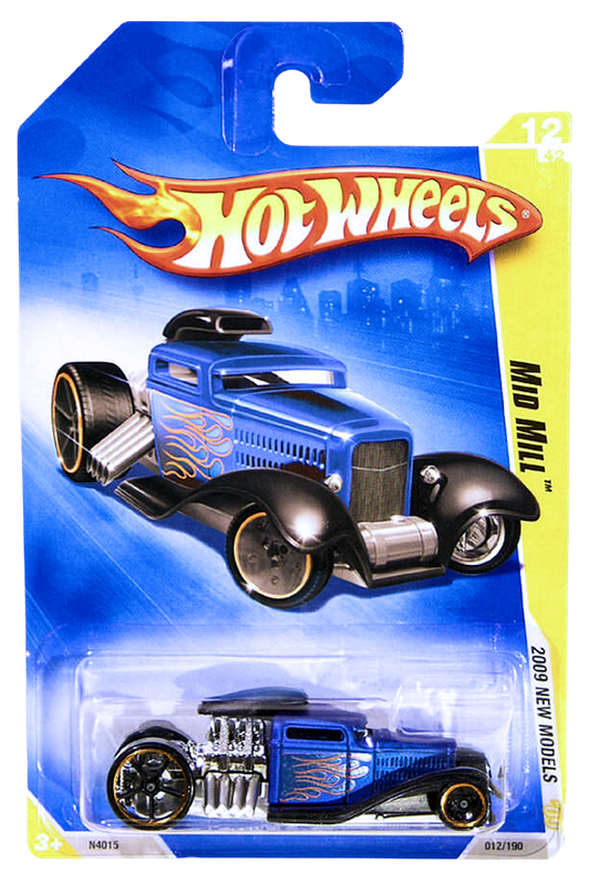 Hot Wheels 2009 - Collector # 012/166 - HW Premiere 12/42 - Mid Mill - Matte Blue / Flames - International Card