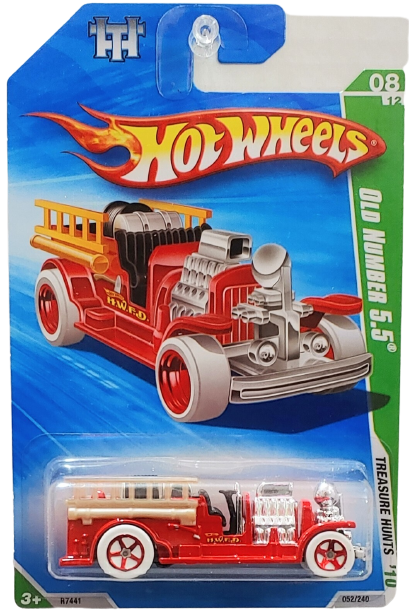 Hot Wheels 2010 - Collector # 052/240 - Treasure Hunts 8/12 - Old Number 5.5 (Fire Truck) - Red - White Tires with Red 5 Spokes - USA Card