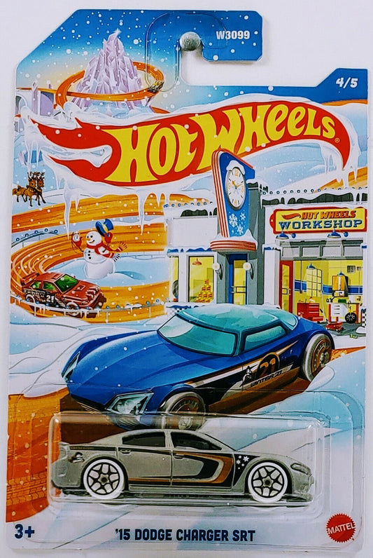 Hot Wheels 2021 - Holiday Hot Rods # 4/5 - '15 Dodge Charger SRT - Satin Gray - Black Y5 Wheels on White Tires - Smoke Windows - Black Interior - Black Plastic Base