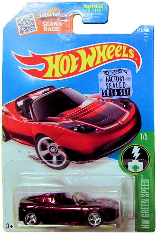 Hot Wheels 2016 - Collector # 241/250 - HW Green Speed 1/5 - SUPER Treasure Hunts - Tesla Roadster - Spectraflame Red - Real Riders - USA Card with Factory Set Sticker