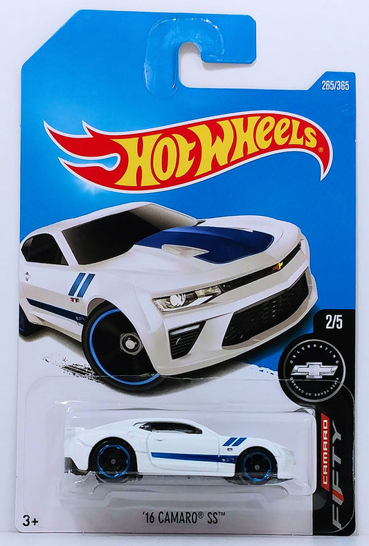 Hot Wheels 2017 - Collector # 265/365 - Camaro Fifty 2/5 - '16 Camaro SS - Flat White / Blue Stripes - International Long Card