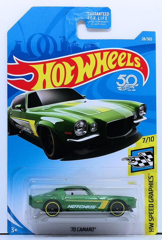 Hot Wheels 2018 - Collector # 028/365 - HW Speed Graphics 7/10 - '70 Camaro - Metalflake Green / Hotchkis - USA '50th' Card