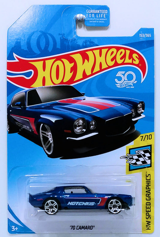 Hot Wheels 2018 - Collector # 153/365 - HW Speed Graphics 7/10 - '70 Camaro - Metalflake Blue / Hotchkis - USA '50th' Card