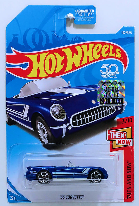 Hot Wheels 2018 - Collector # 192/365 - Then And Now 3/10 - '55 Corvette - Blue - USA 50th Card with Factory Sticker