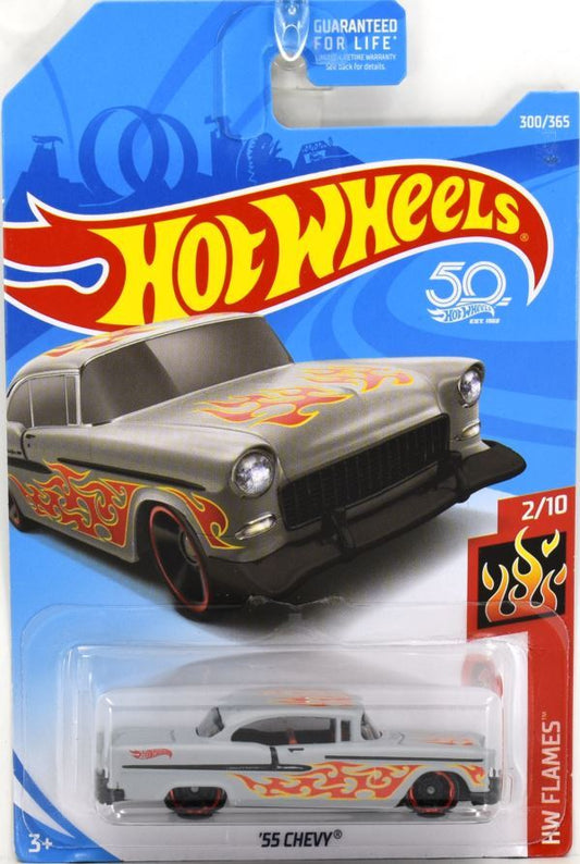 Hot Wheels 2018 - Collector # 300/365 - HW Flames 2/10 - '55 Chevy - Gray - USA 50th Card