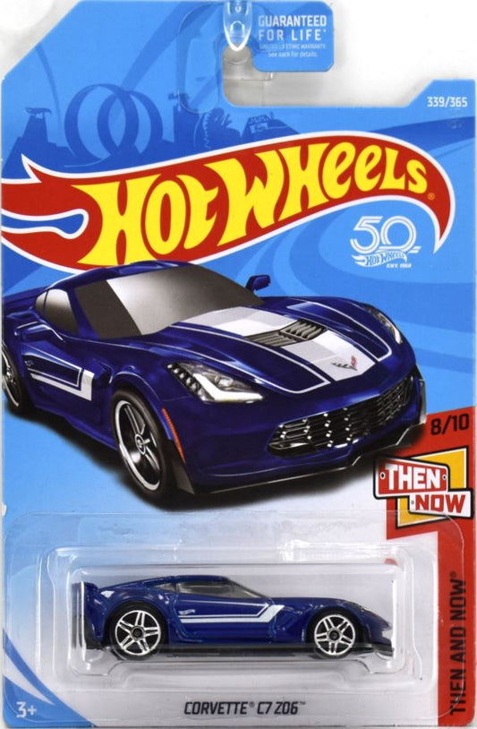 Hot Wheels 2018 - Collector # 339/365 - Then And Now 8/10 - Corvette C7 Z06 - Blue - PR5 Wheels - USA 50th Card