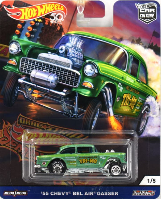 Hot Wheels 2018 - Premium / Car Culture / Drag Strip Demons 1/5 - '55 Chevy Bel Air Gasser - Green / 'Tri-Me' - Metal/Metal & Real Riders