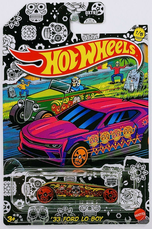 Hot Wheels 2021 - Happy Halloween 1/5 - '33 Ford Lo-Boy - Metallic Olive Green - Black Skull Wheels