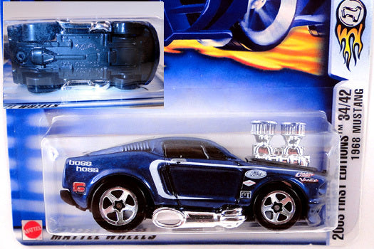 Hot Wheels 2003 - Collector # 046/220 - First Editions 34/42 - 1968 Mustang - Dark Blue - 'Boss Hoss' on Side & Base - USA '1968-2003 Anniversary' Card