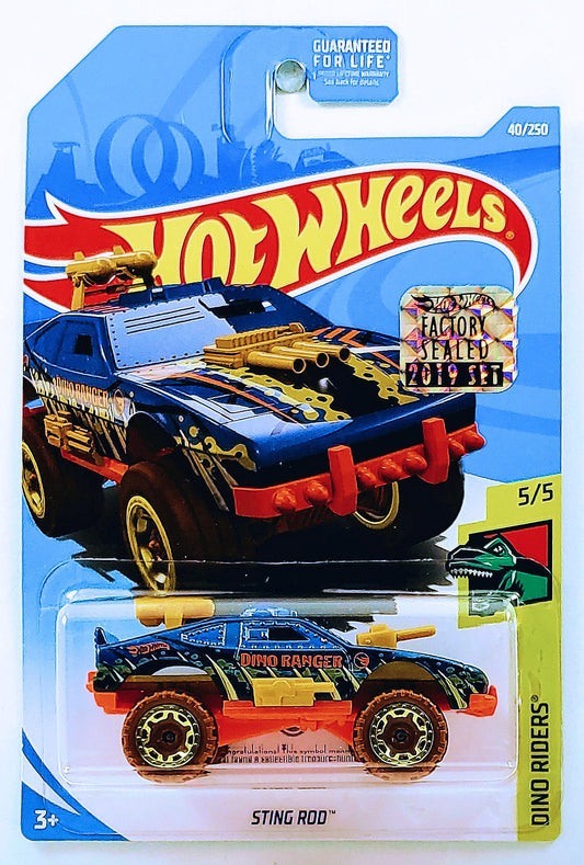 Hot Wheels 2019 - Collector # 040/250 - Dino Riders 5/5 - Treasure Hunts - Sting Rod - Blue - Circle Flame Logo on Sides - USA Card with Factory Set Sticker
