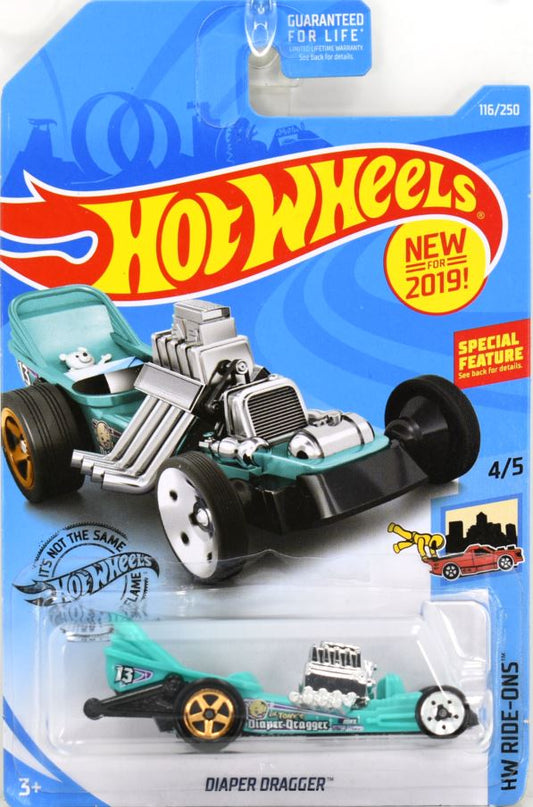 Hot Wheels 2019 - Collector # 116/250 - HW Ride-Ons 4/5 - New Models - Diaper Dragger - Turquoise - USA Card