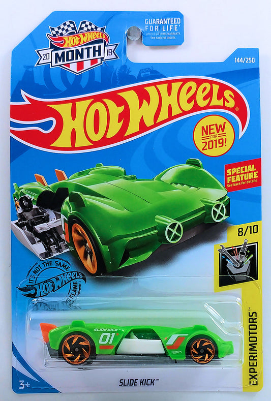 Hot Wheels 2019 - Collector # 144/250 - Experimotors 8/10 - New Models - Slide Kick - Green - USA 'Month' Card