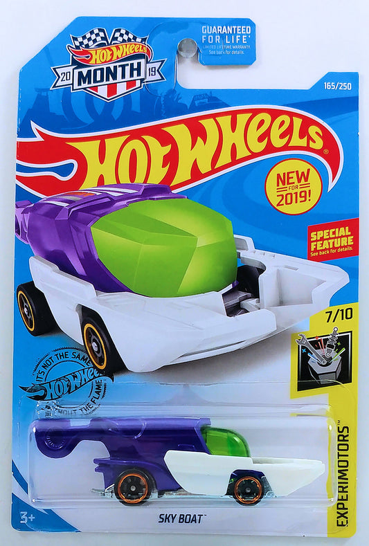 Hot Wheels 2019 - Collector # 165/250 - Experimotors 7/10 - New Models - Sky Boat - Purple & White - USA 'Month' Card