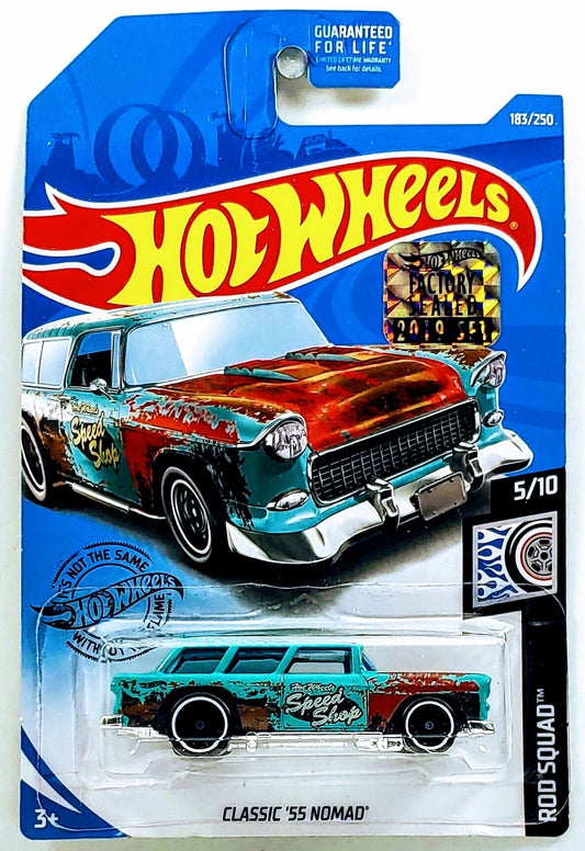 Hot Wheels 2019 - Collector # 183/250 - Rod Squad 5/10 - Classic '55 Nomad - Turquoise / 'Hot Wheels Speed Shop' - USA Card with Factory Set Sticker