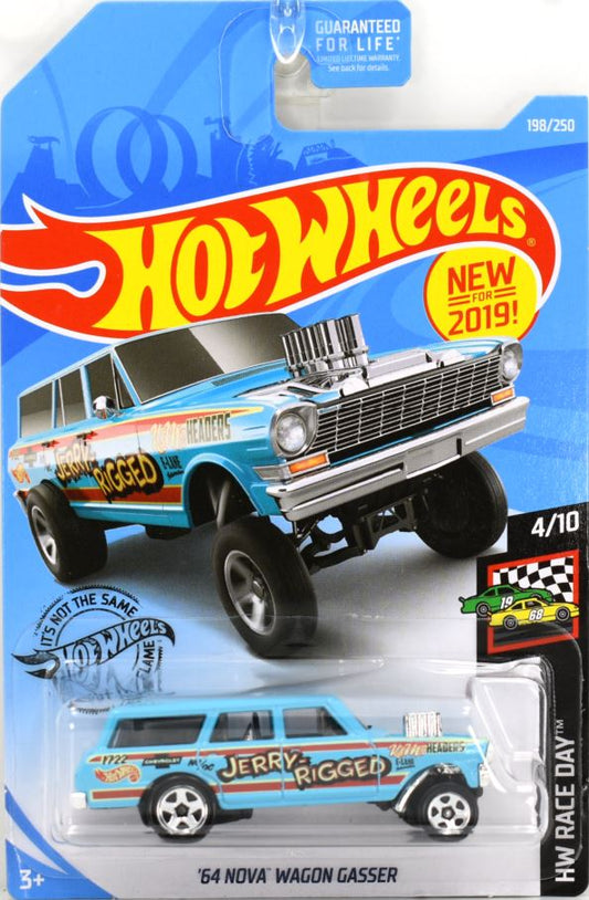 Hot Wheels 2019 - Collector # 198/250 - HW Race Day 4/10 - New Models - '64 Nova Wagon Gasser - Blue / Jerry-Rigged - USA Card