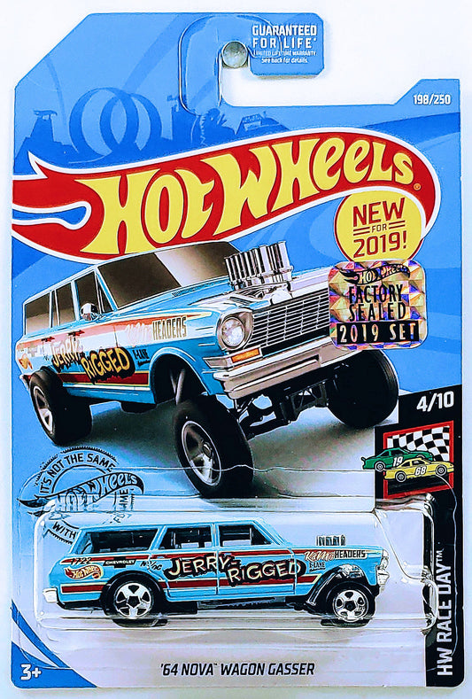 Hot Wheels 2019 - Collector # 198/250 - HW Race Day 4/10 - New Models - '64 Nova Wagon Gasser - Blue / Jerry-Rigged - USA Card with Factory Set Sticker