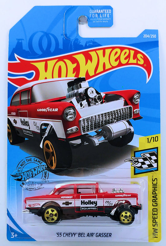 Hot Wheels 2019 - Collector # 204/250 - HW Speed Graphics 1/10 - '55 Chevy Bel Air Gasser - Red & White / Holley Equipped - USA Card