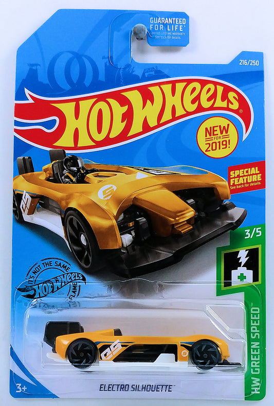 Hot Wheels 2019 - Collector # 216/250 - HW Green Speed 3/5 - New Models - Electro Silhouette - Dark Yellow - USA Card