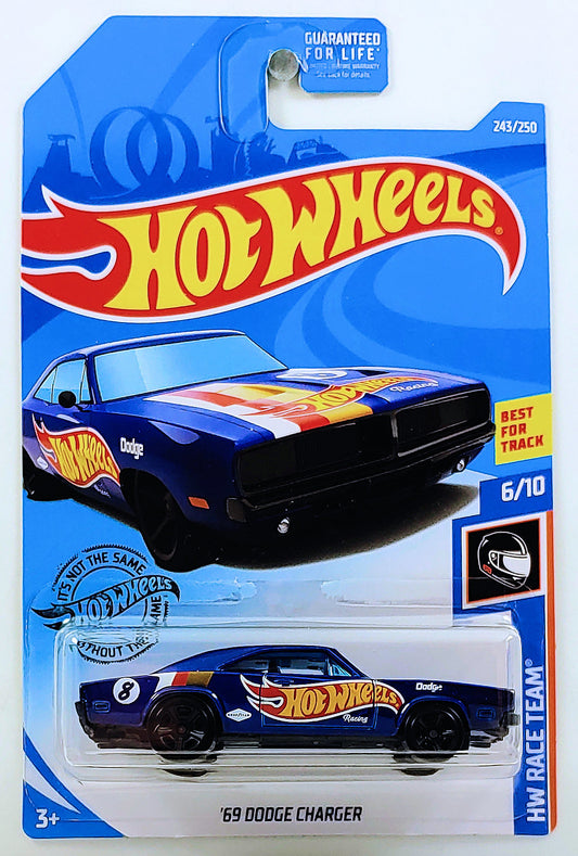 Hot Wheels 2019 - Collector # 243/250 - HW Race Team 6/10 - '69 Dodge Charger - Blue / Hot Wheels Racing - USA Card
