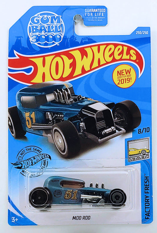 Hot Wheels 2019 - Collector # 250/250 - Factory Fresh 8/10 - New Models - Mod Rod - Flat Blue / # 51- USA 'Gum Ball 3000' Card