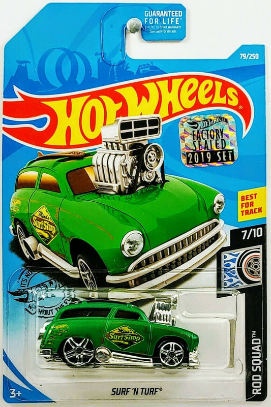 Hot Wheels 2019 - Collector # 079/250 - Rod Squad 7/10 - Surf 'N Turf - Satin Green - USA Card with Factory Sticker