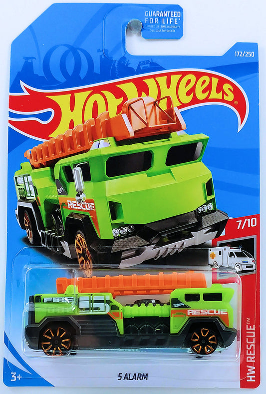 Hot Wheels 2019 - Collector # 172/250 - HW Rescue 7/10 - 5 Alarm (Fire Truck) - Neon Green / FIRE 15 RESCUE - USA Card