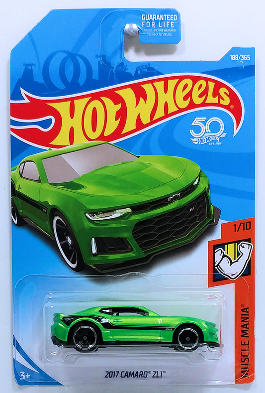 Hot Wheels 2018 - Collector # 188/365 - Muscle Mania 1/10 - 2017 Camaro ZL1 - Metallic Lime Green - USA 50th Card