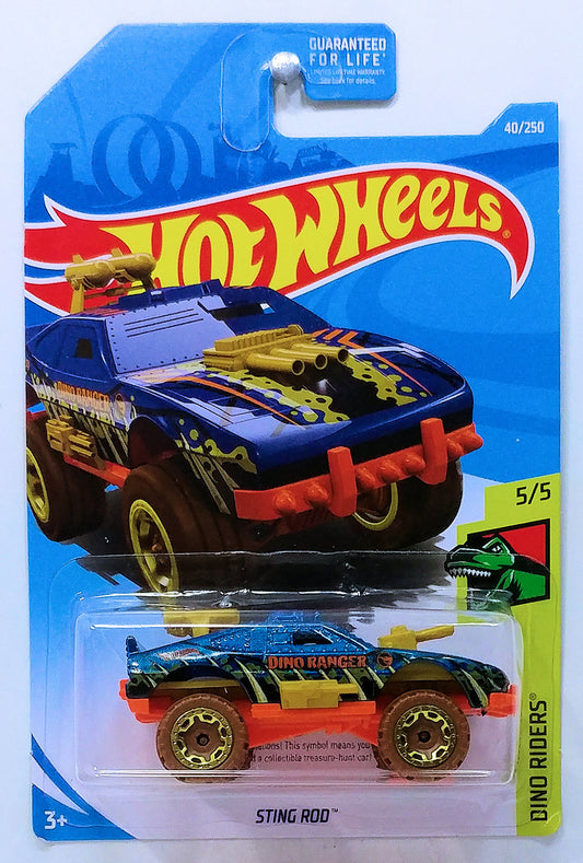 Hot Wheels 2019 - Collector # 040/250 - Dino Riders 5/5 - Treasure Hunts - Sting Rod - Blue - Circle Flame Logo on Sides - USA Card