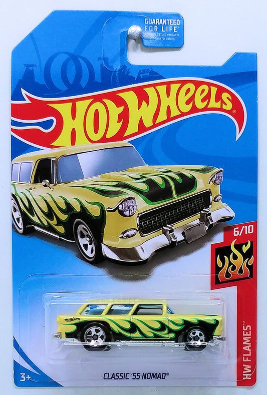 Hot Wheels 2018 - KMart Exclusive - HW Flames 6/10 - Classic '55 Nomad - Pale Yellow - USA Card
