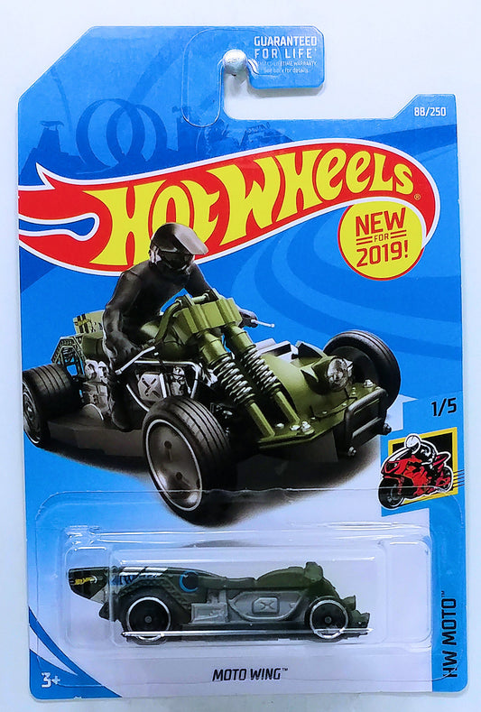 Hot Wheels 2019 - Collector # 088/250 - HW Moto 1/5 - New Models - Moto Wing - Olive Drab & Gray - USA Card