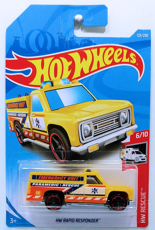Hot Wheels 2019 - Collector # 123/250 - HW Rescue 6/10 - HW Rapid Responder - Yellow / Paramedic - International Long Card